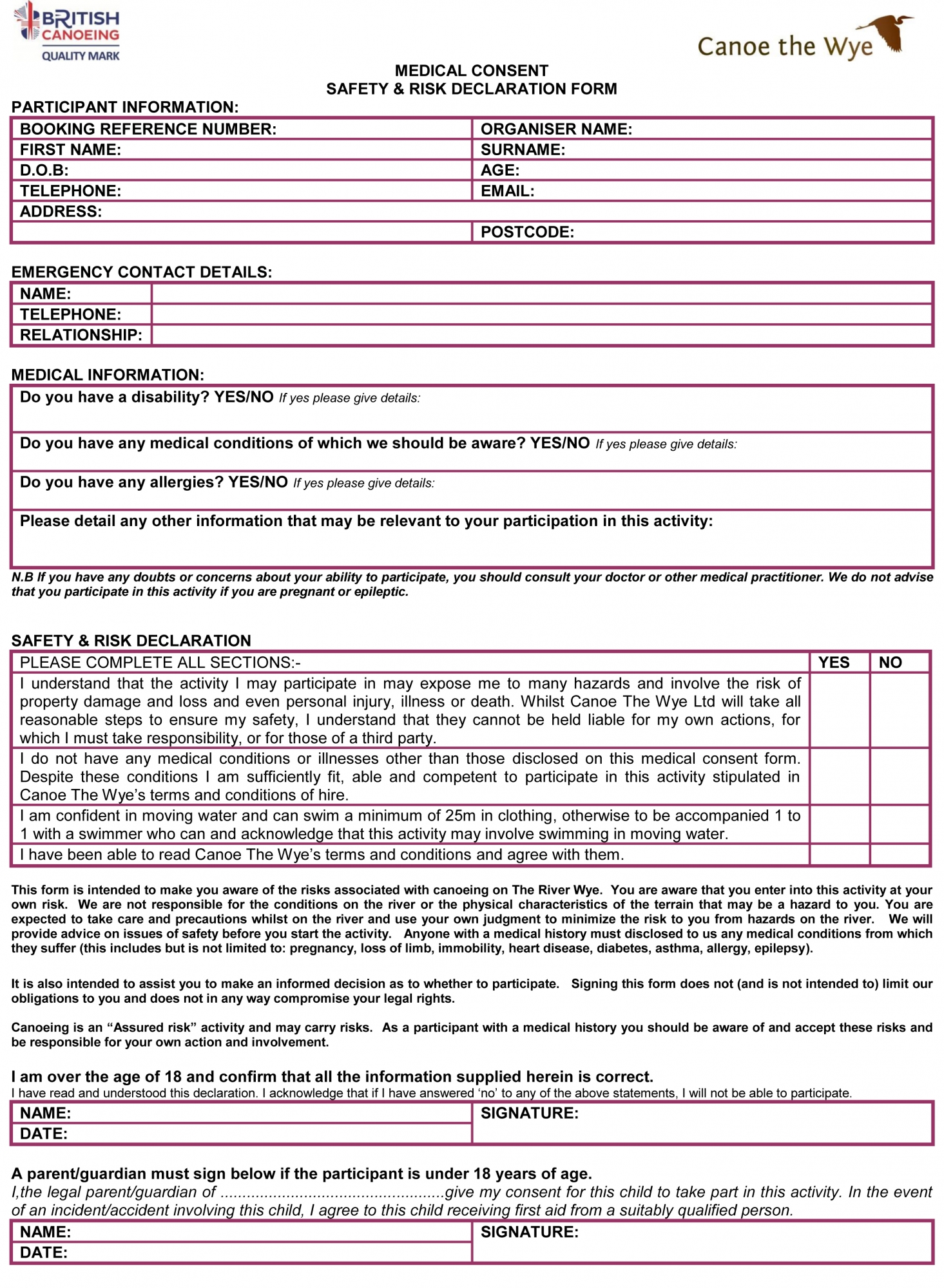 Canoe The Wye Medical Consent And Safety And Risk Declaration Form 2018